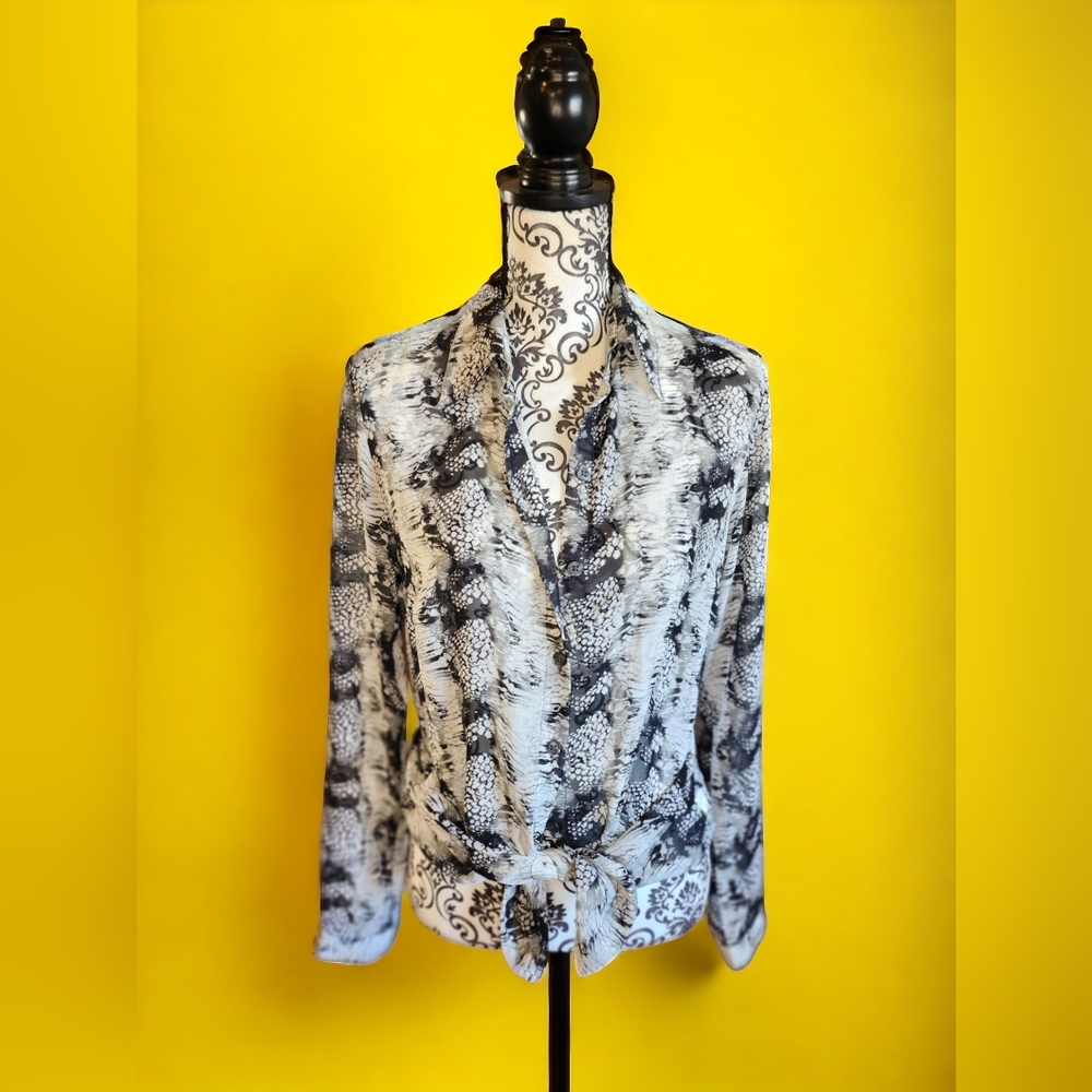CAbi Sheer Snakeskin Print Collared Button Up Blouse Size S In Blk & Wht